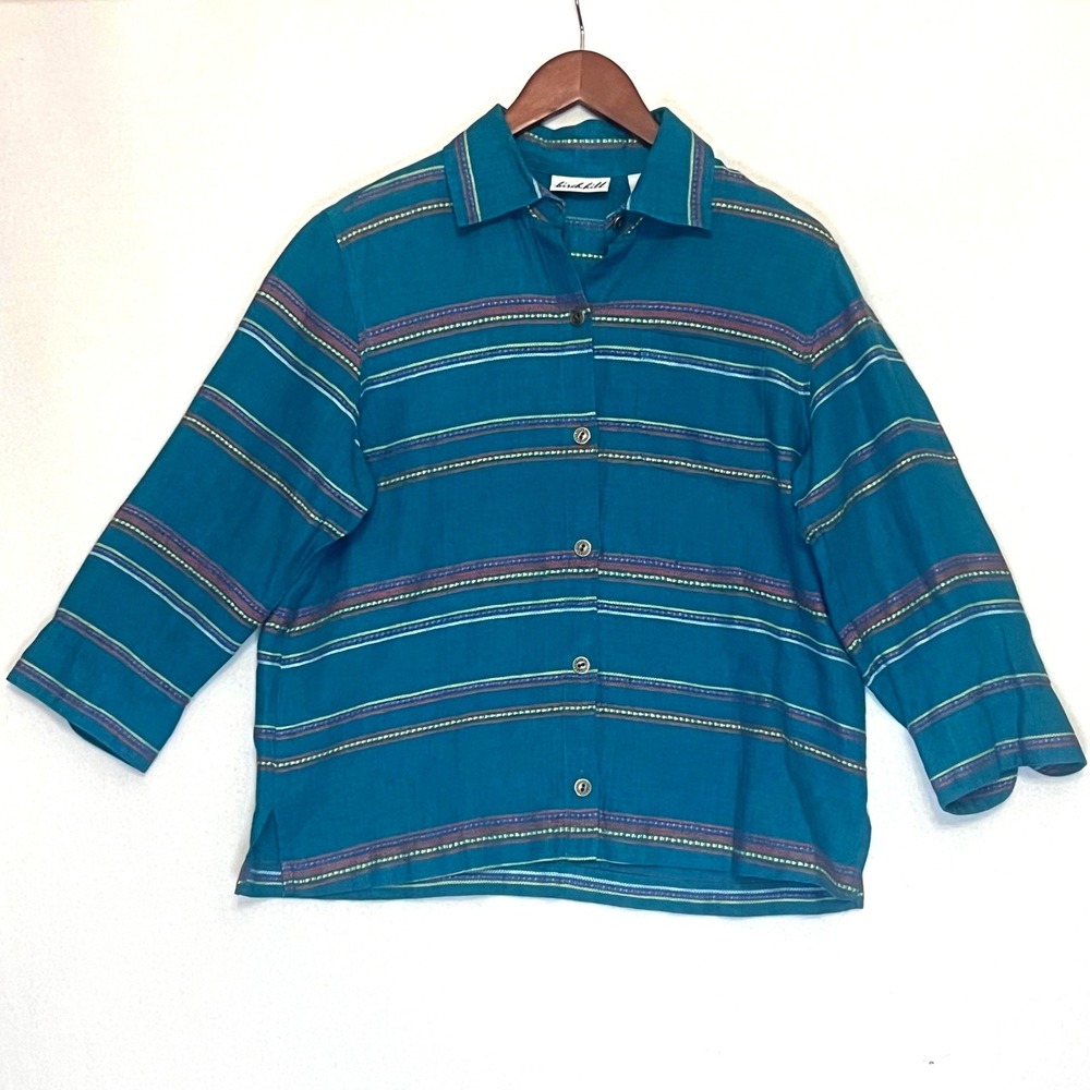 Birch Hill Teal Linen Vintage Southwestern Aztec‎ Button Down Shacket Womens M